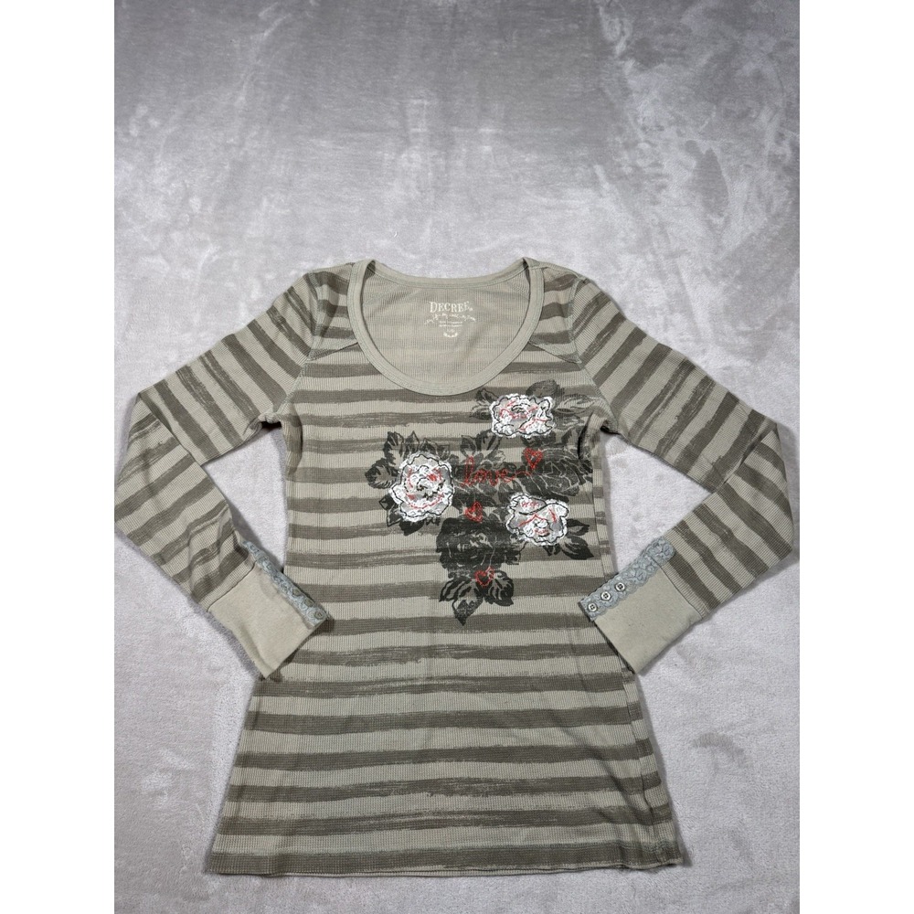 Vintage Y2K Decree Striped Thermal Shirt Womens Large Sage Green Floral Lace